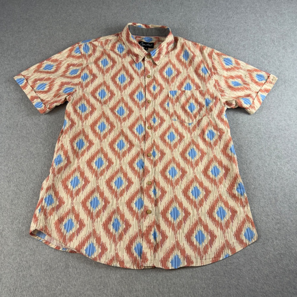 Coastal Mens Large Short Sleeve Button Down Shirt Ikat Geometric Diamond Cotton